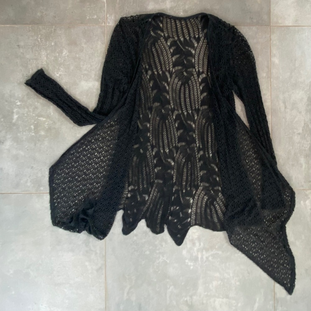 Vintage Boho Black Open-Knit Crochet Cardigan - Medallion Back & Sharkbite Hem